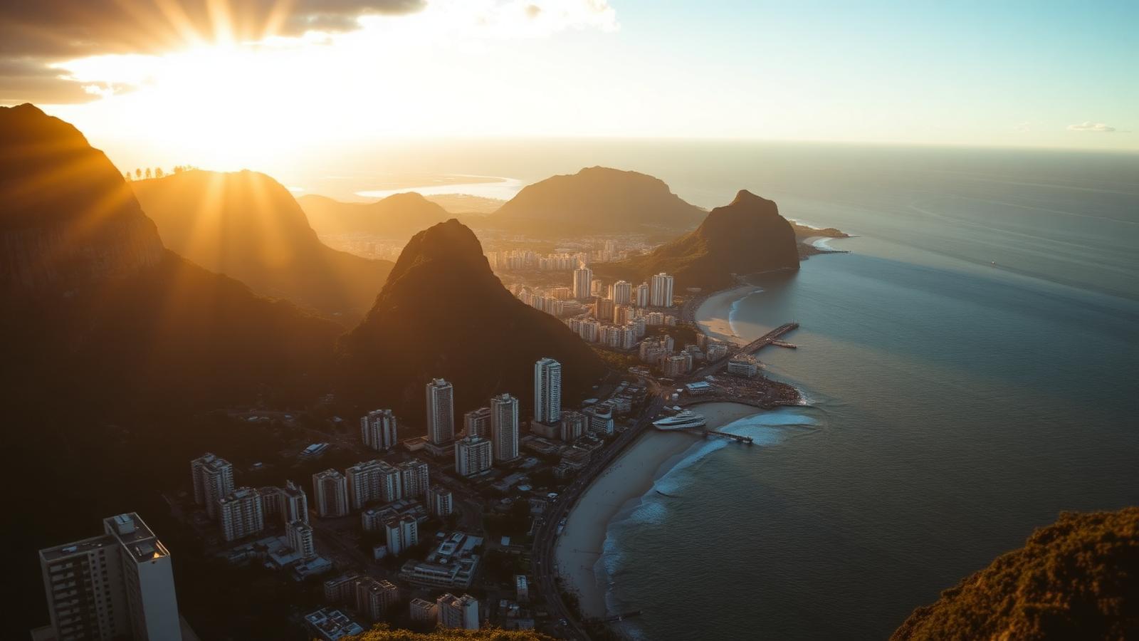 Rio de Janeiro coastline and mountains at golden hour